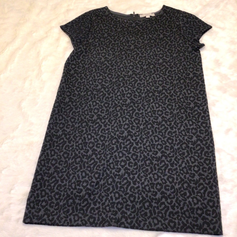 Loft Womens Black Gray Leopard Print Round Neck Short Sleeves Knitted Mini Sz L